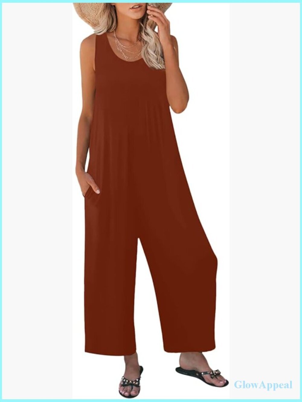 Women's Loose Tank Jumpsuit Sleeveless Crewneck Long Pants Romper with Pockets